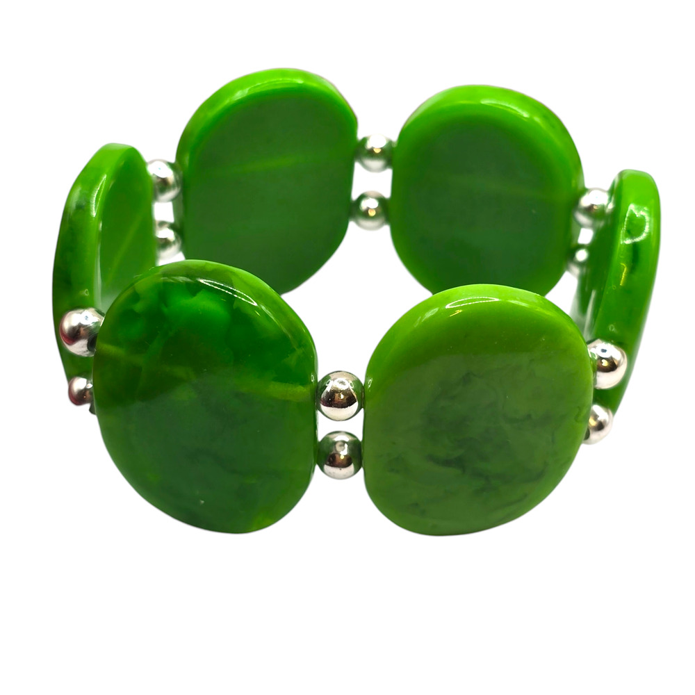 Chunky Stretch Green Beaded Bold Oval Plastic Silver Tone 7" SKU2870